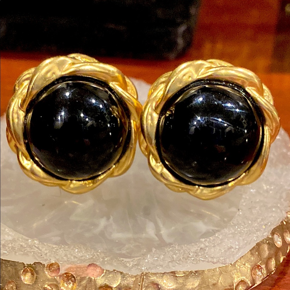 Very Dark Cobalt Blue Glass Clip Earrings in Gold Tone. Very Well Made